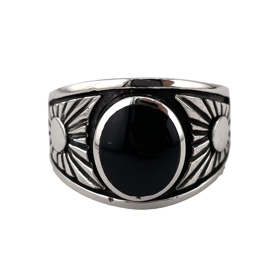Black Onyx Oval Stone Sunshine Ring Sterling Silver