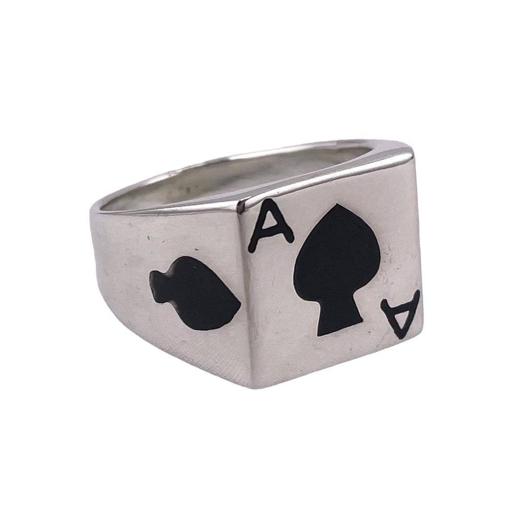 Ace of Spades Black Onyx Inlay Stone Ring Sterling Silver