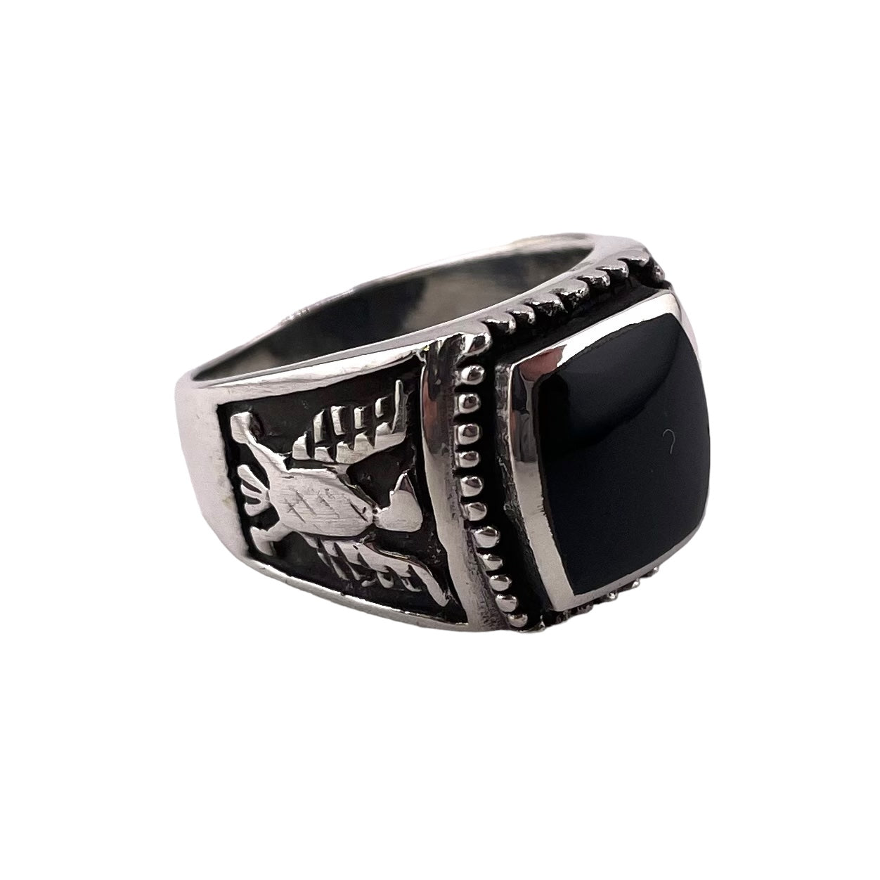 Black Onyx Stone Thunderbird Mens Ring Sterling Silver