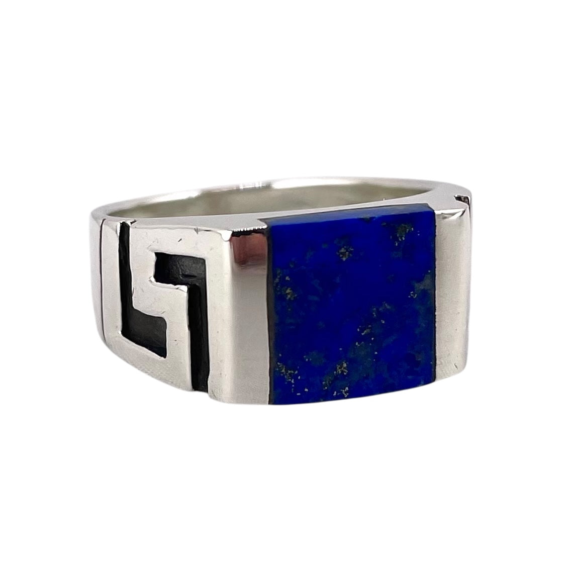 Lapis Square Stone Greek Key Mens Ring Sterling Silver