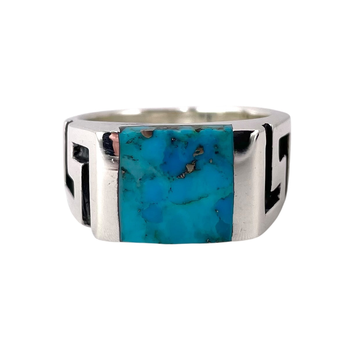 Turquoise Square Stone Greek Key Mens Ring Sterling Silver