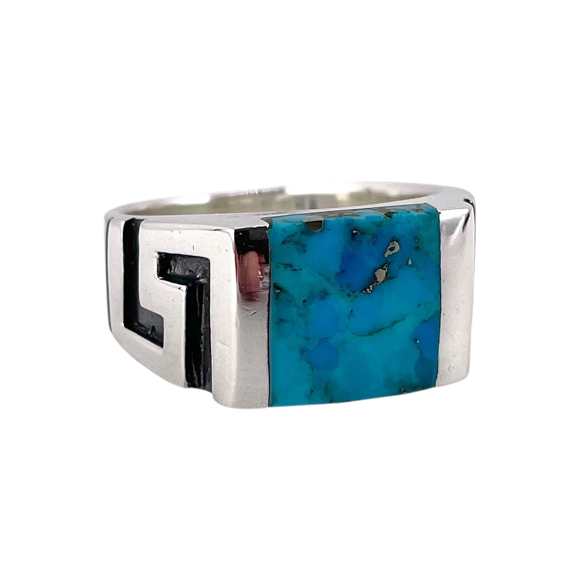 Turquoise Square Stone Greek Key Mens Ring Sterling Silver