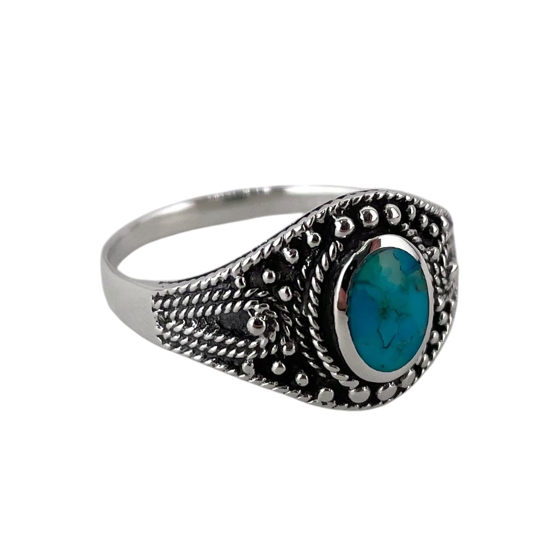Turquoise Stone Oval Rope Bead Ring Sterling Silver