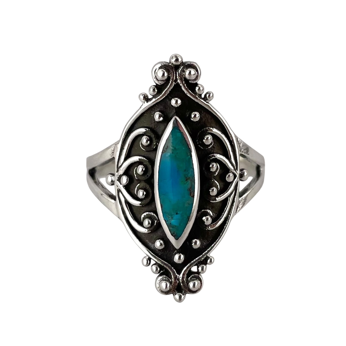 Turquoise Stone Pointed Oval Bead Design Ring Sterling Silver