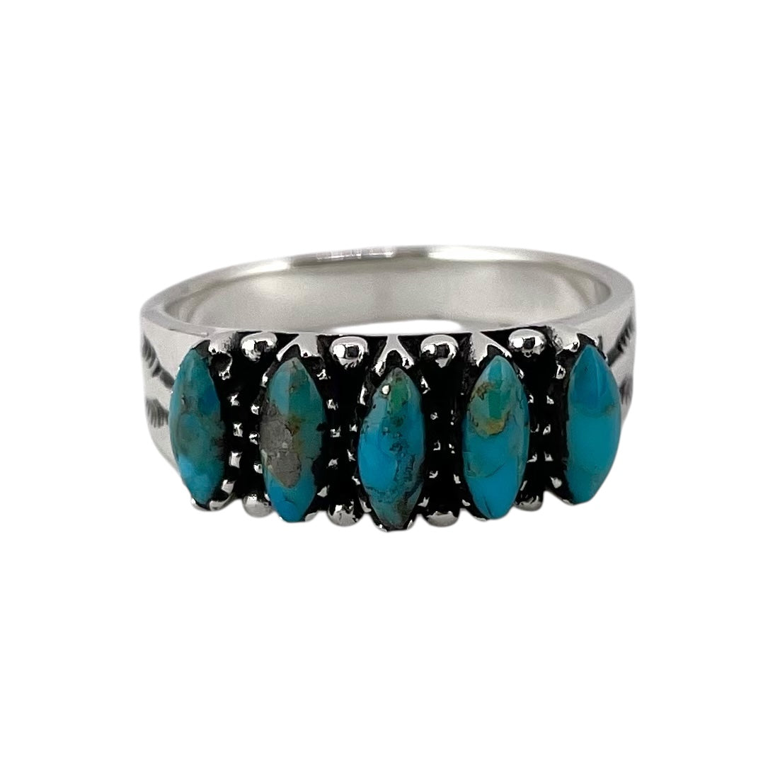 Turquoise Stone Pointed Oval Row Ring Sterling Silver