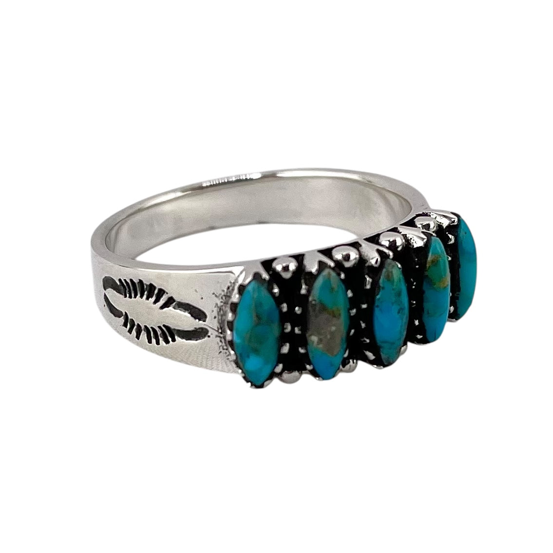 Turquoise Stone Pointed Oval Row Ring Sterling Silver