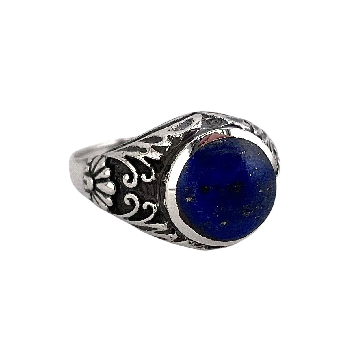 Lapis Stone Circle Flower Ring Sterling Silver