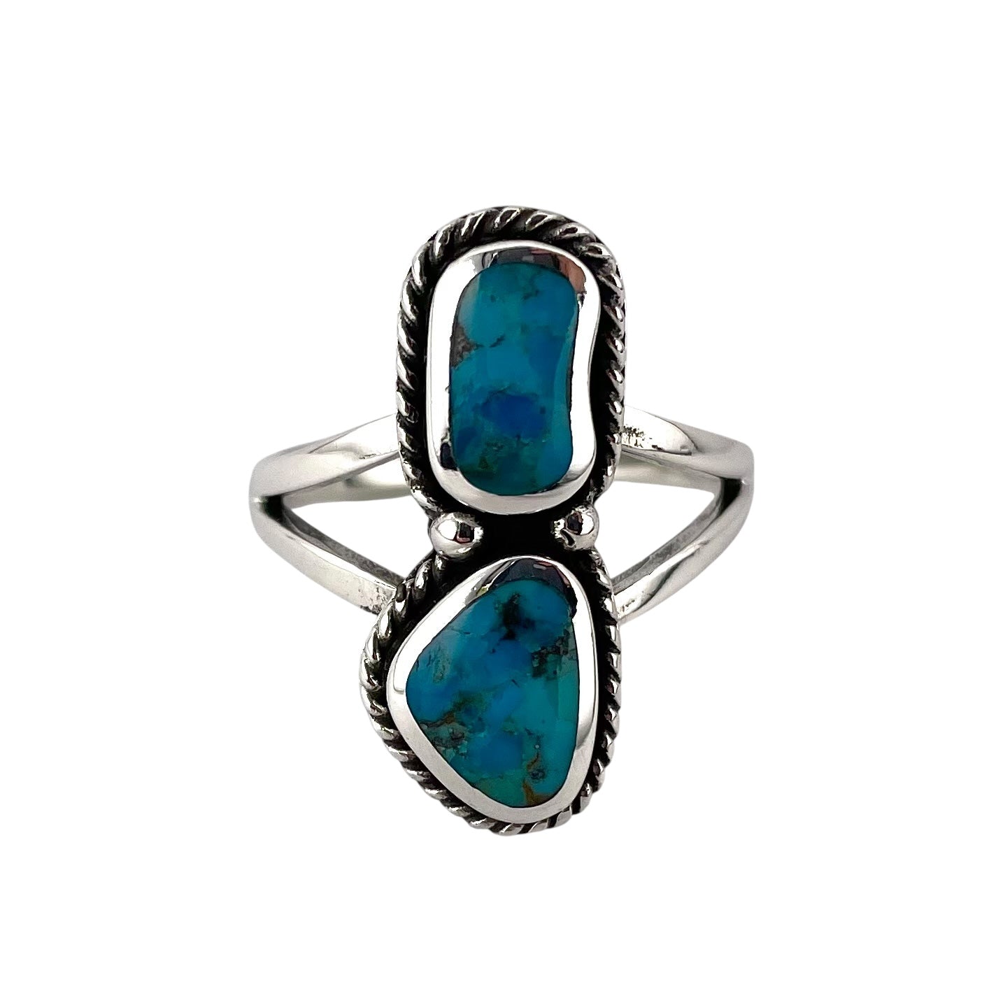 Turquoise 2 Stone Stacked Bead Rope Ring Sterling Silver