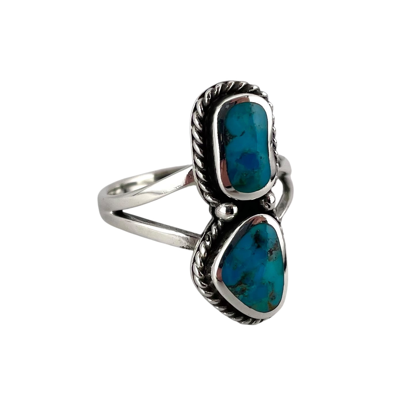 Turquoise 2 Stone Stacked Bead Rope Ring Sterling Silver