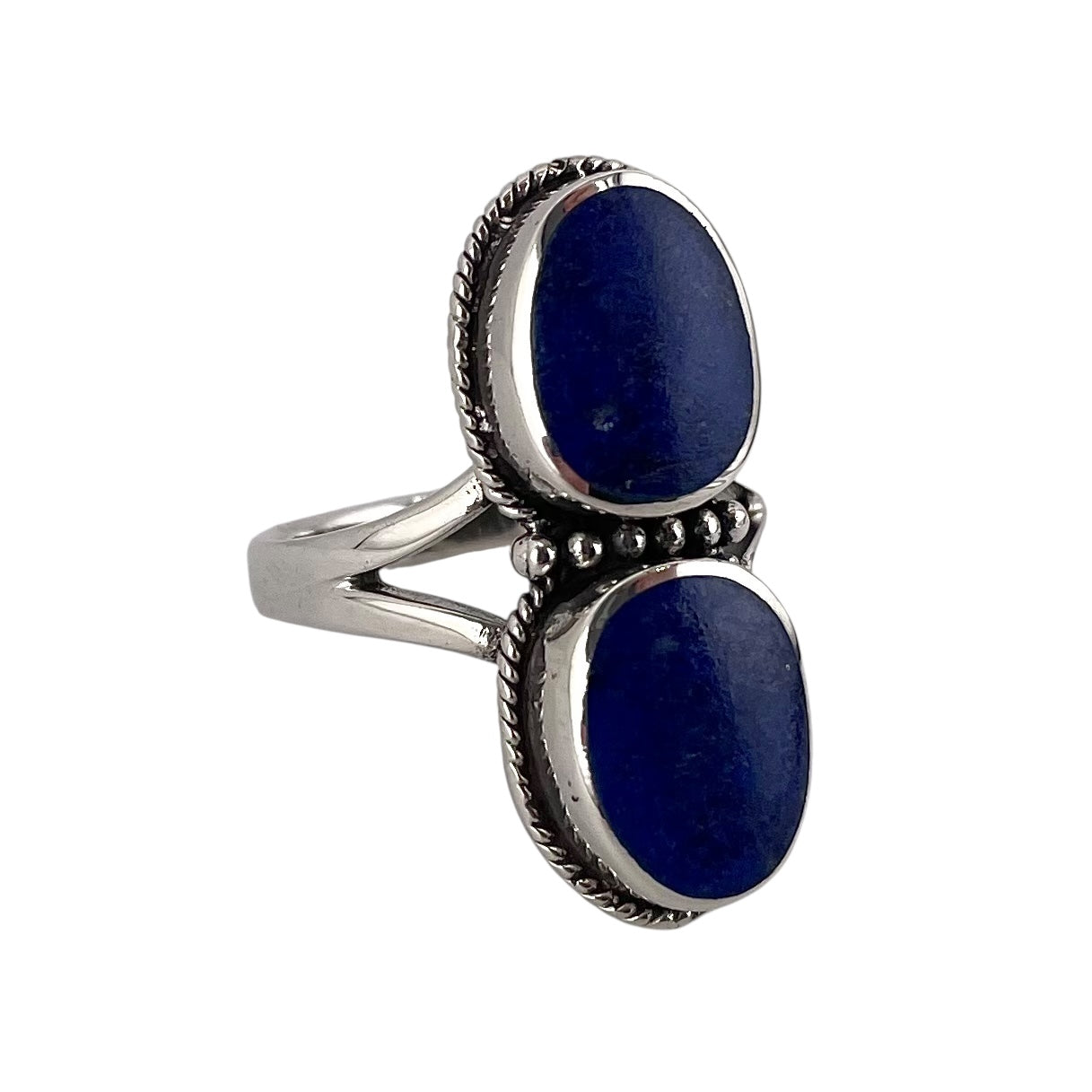 Lapis 2 Stone Round Stacked Bead Rope Ring Sterling Silver