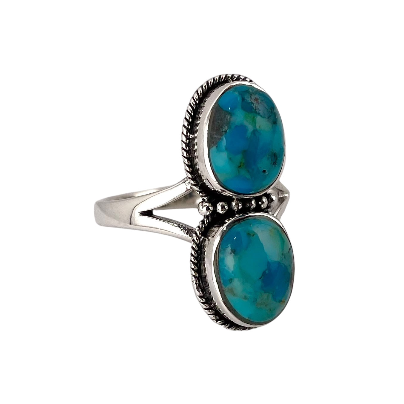 Turquoise 2 Stone Round Stacked Bead Rope Ring Sterling Silver