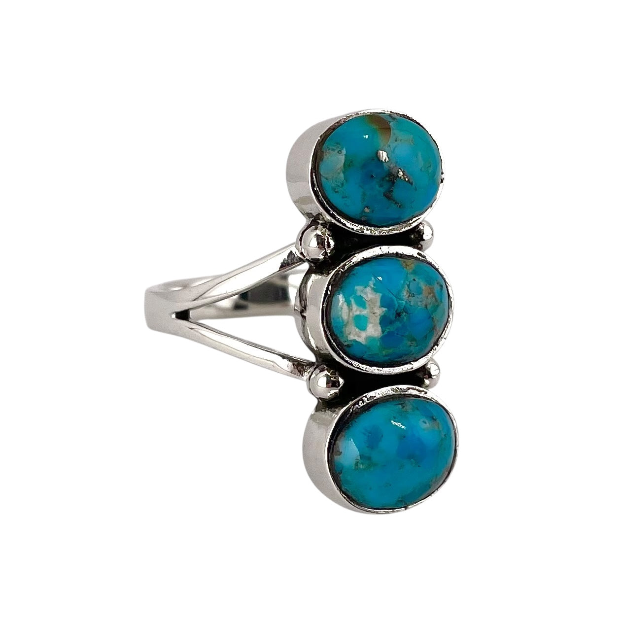 Turquoise 3 Stone Round Stacked Ring Sterling Silver