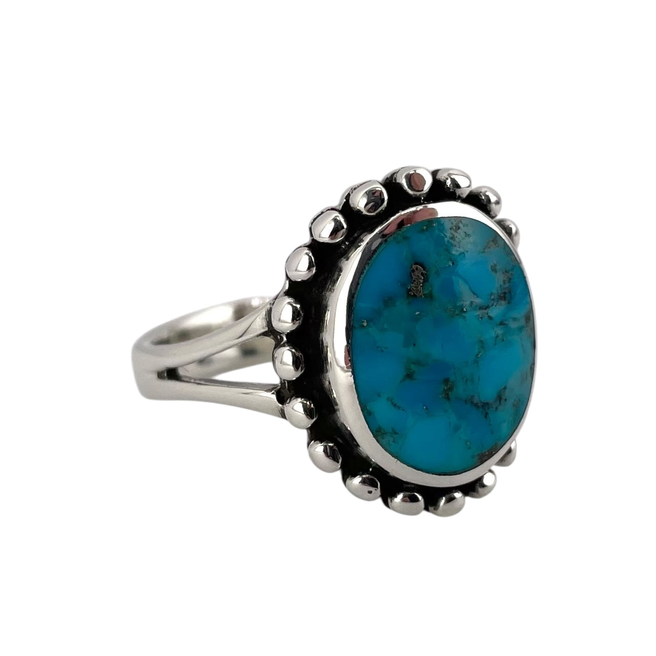 Turquoise Stone Round Bead Ring Sterling Silver