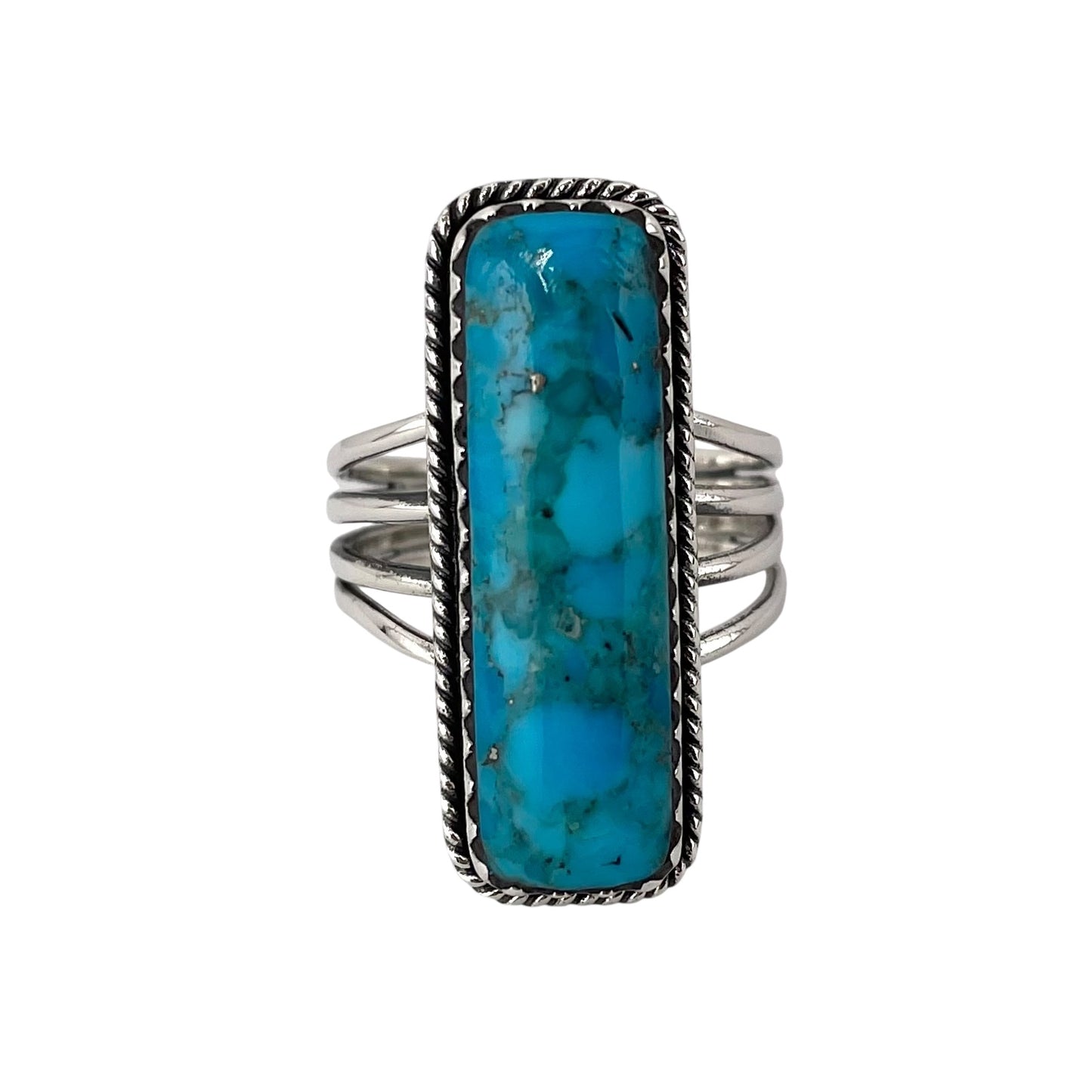 Turquoise Stone Rectangle Rope Ring Sterling Silver