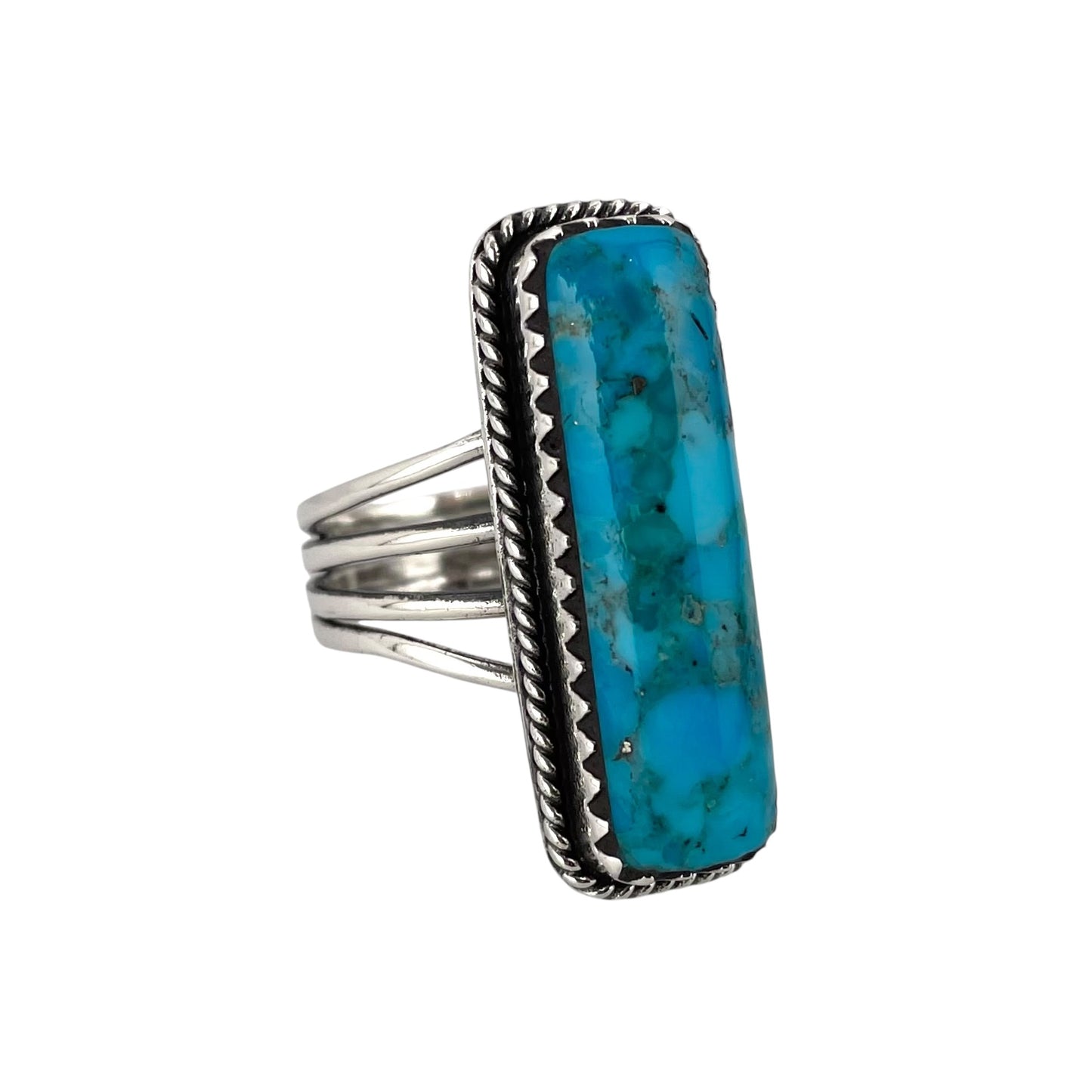 Turquoise Stone Rectangle Rope Ring Sterling Silver
