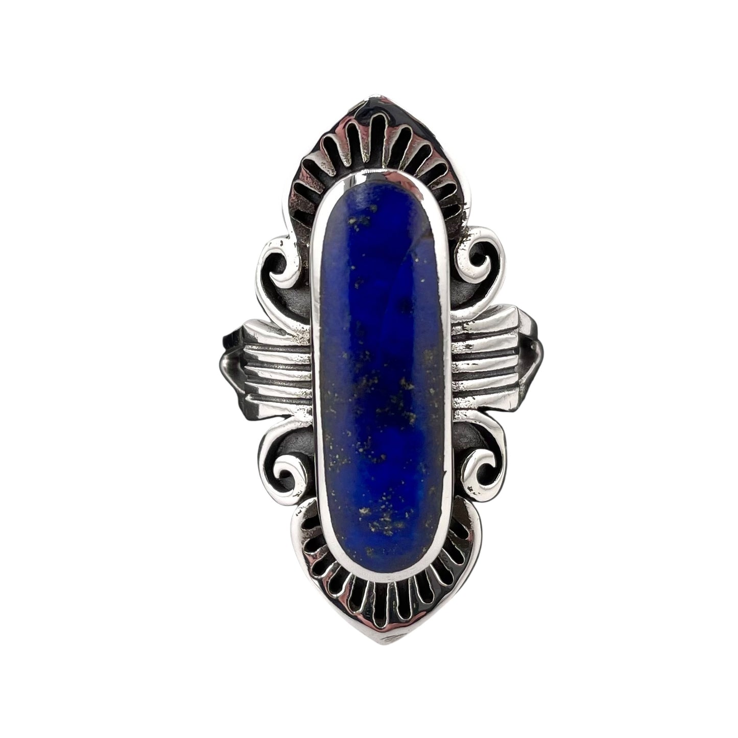 Lapis Stone Oval Etched Pattern Ring Sterling Silver