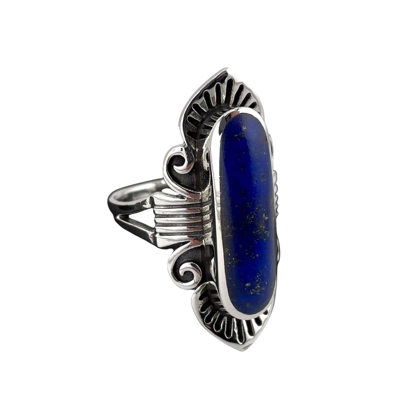 Lapis Stone Oval Etched Pattern Ring Sterling Silver