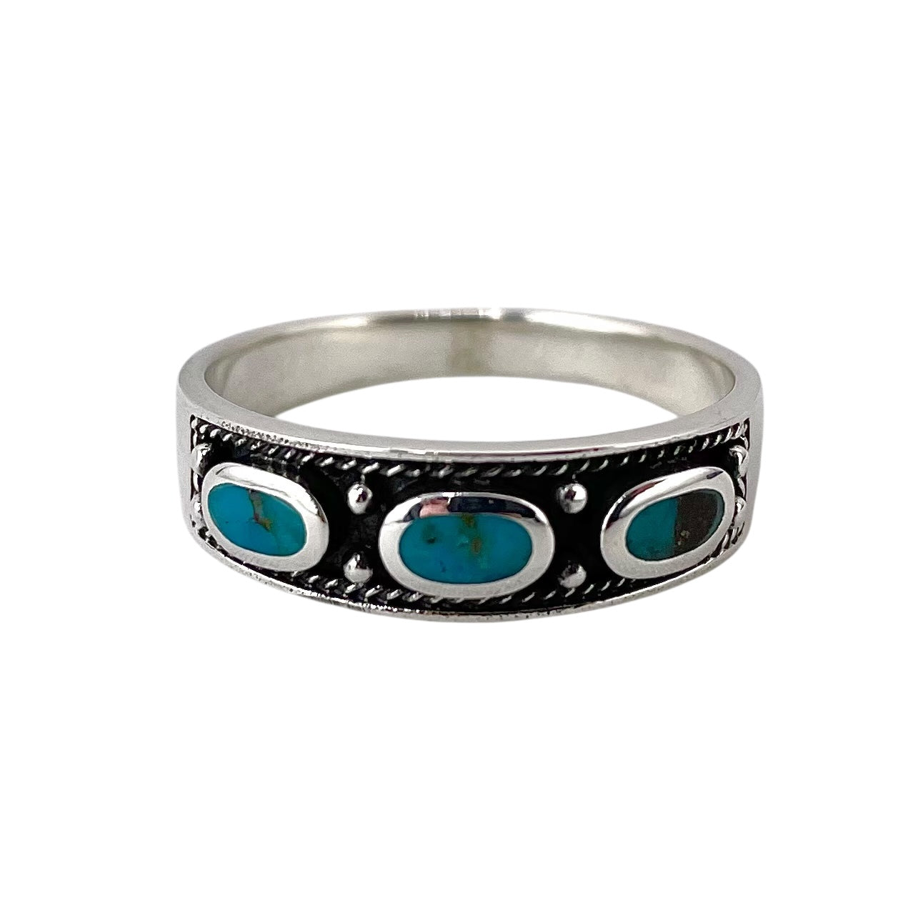 Turquoise 3 Stone Oval Rope Ring Sterling Silver