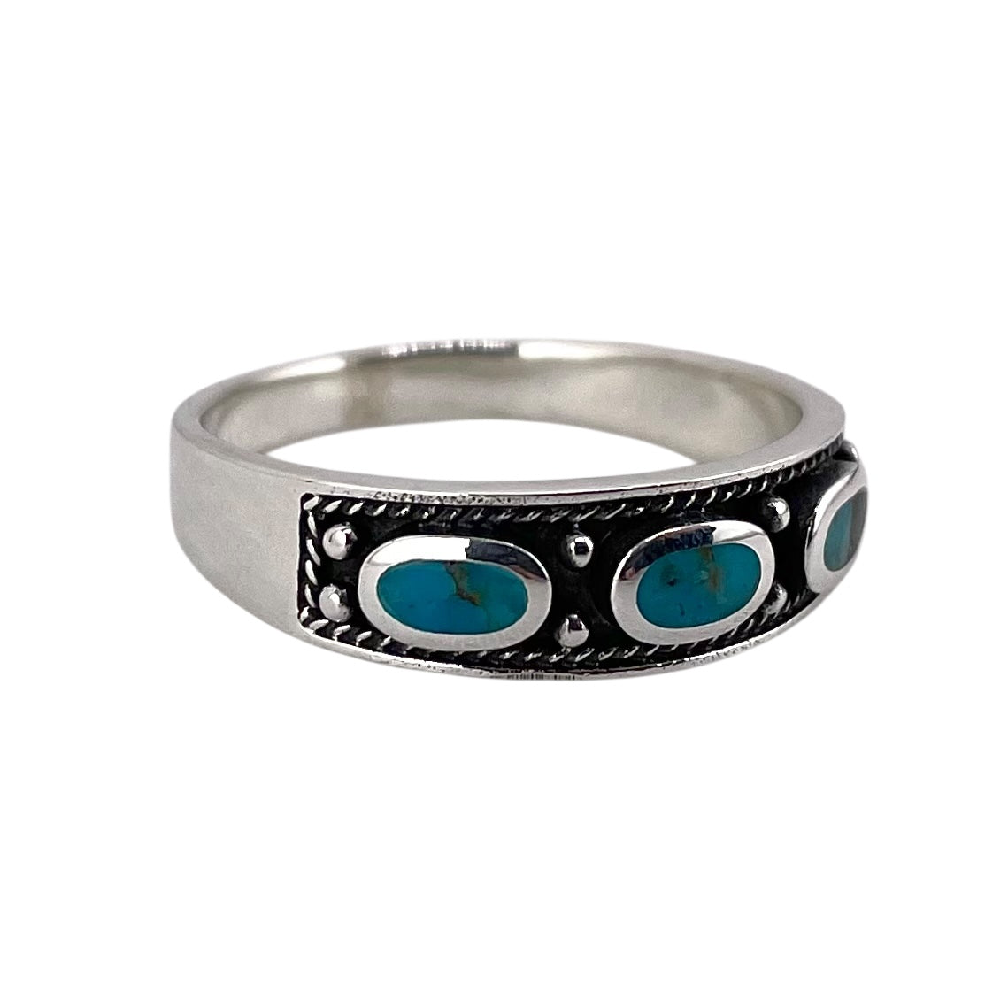 Turquoise 3 Stone Oval Rope Ring Sterling Silver