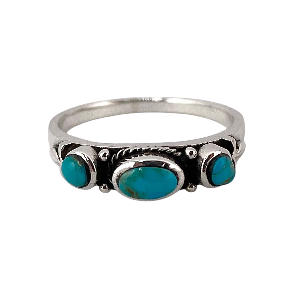 Turquoise 3 Stone Round Oval Ring Sterling Silver