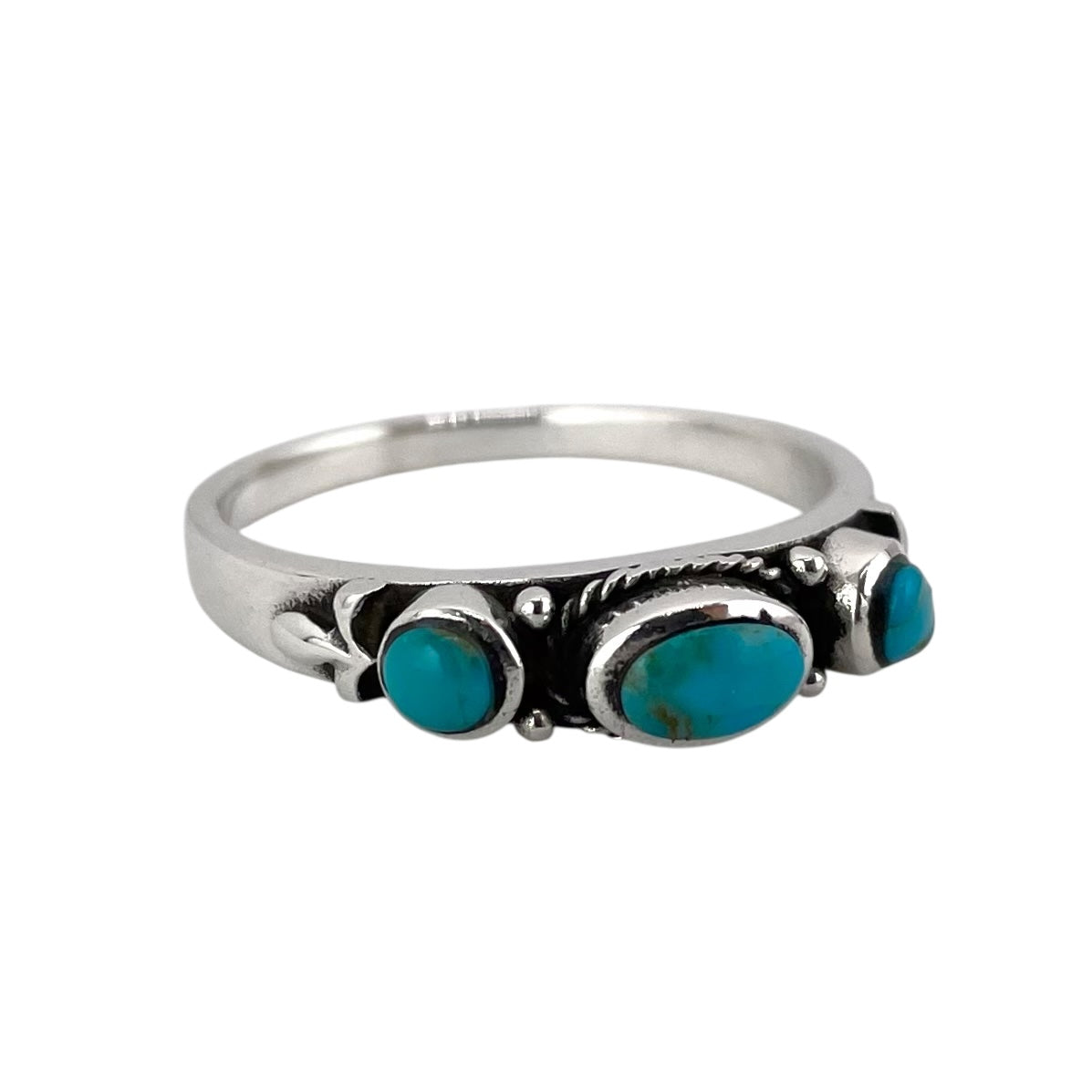 Turquoise 3 Stone Round Oval Ring Sterling Silver