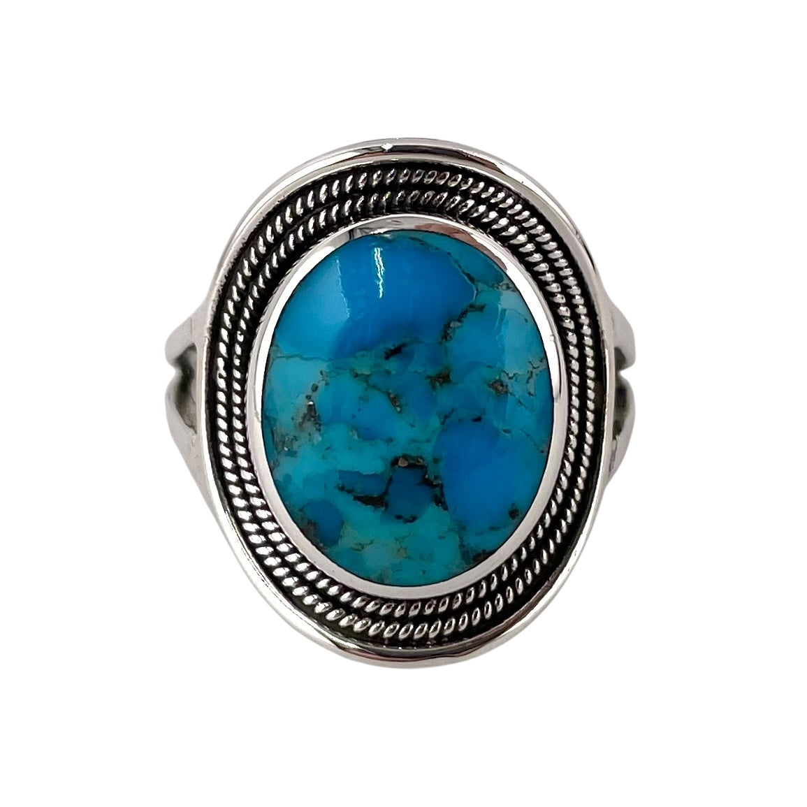 Turquoise Stone Oval Rope Ring Sterling Silver