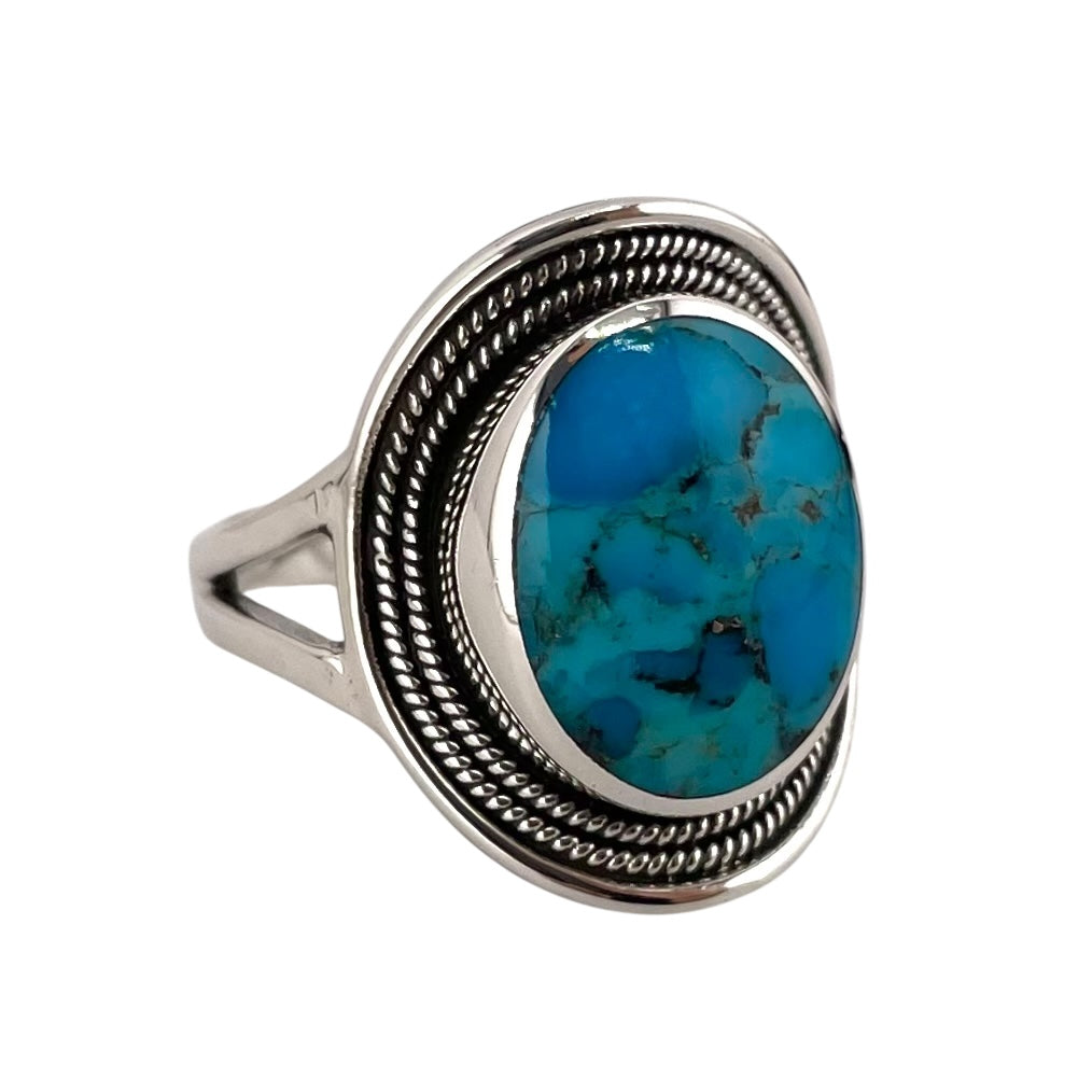 Turquoise Stone Oval Rope Ring Sterling Silver