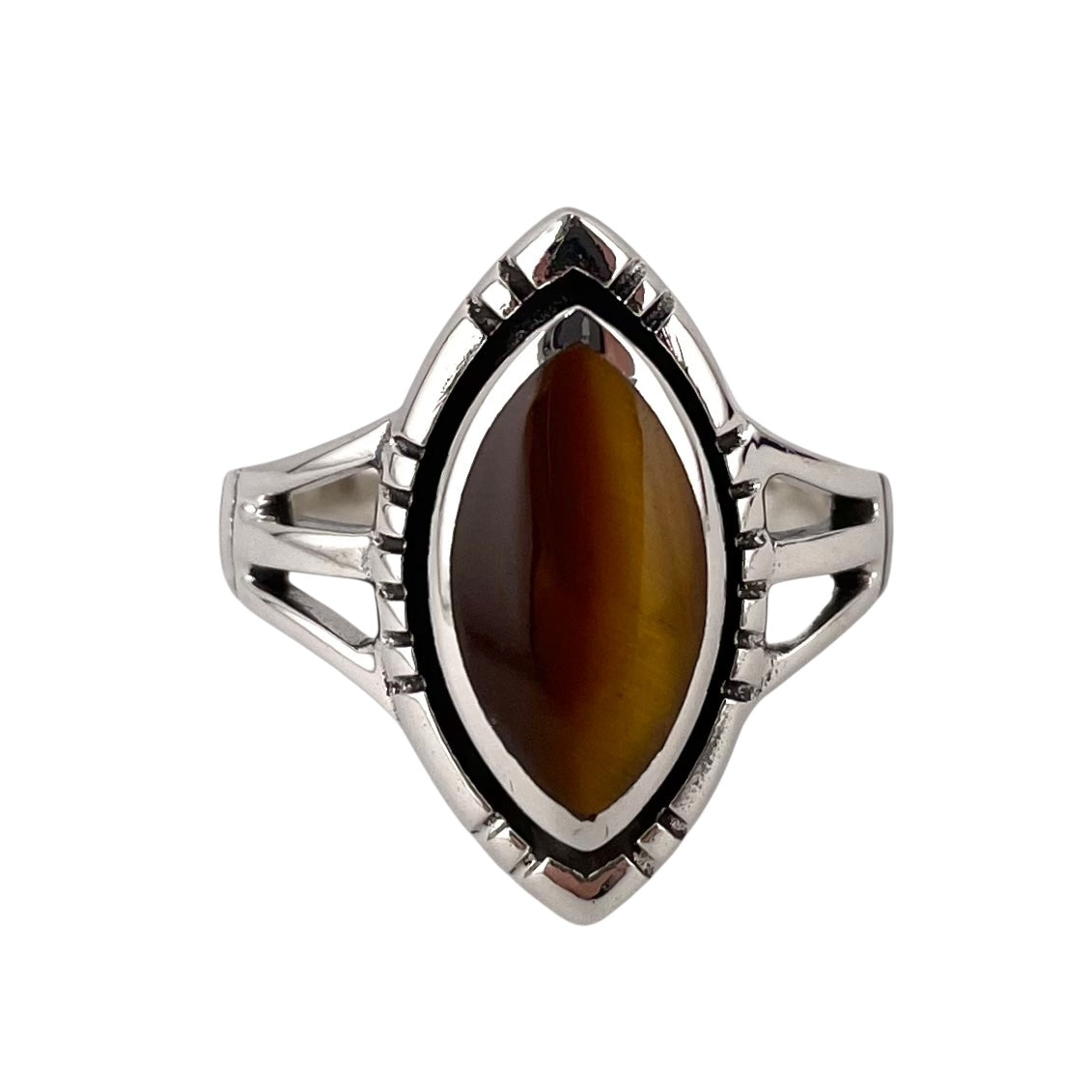 Tiger Eye Stone Pointed Oval Ring Sterling Silver
