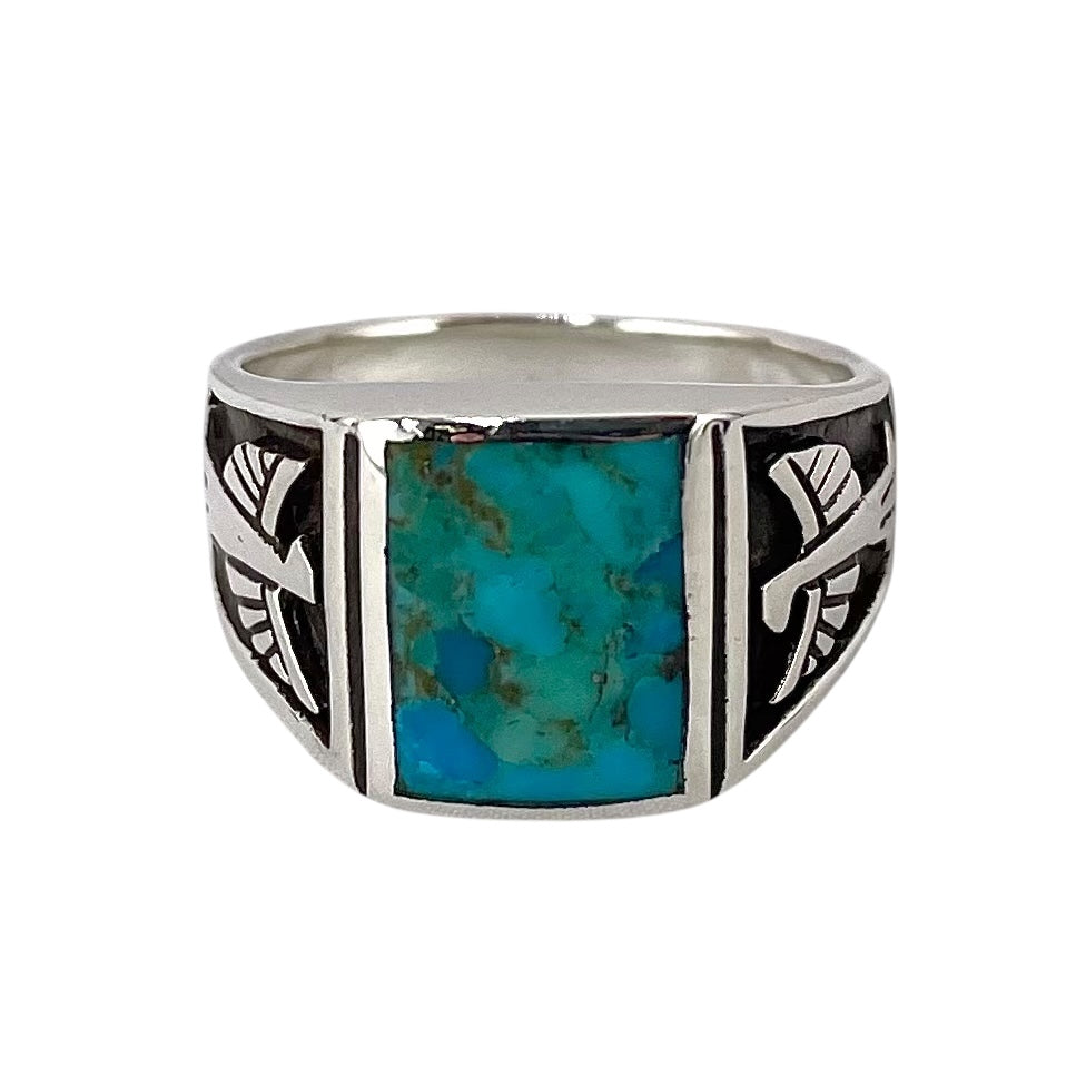Turquoise Stone Square Thunderbird Mens Ring Sterling Silver
