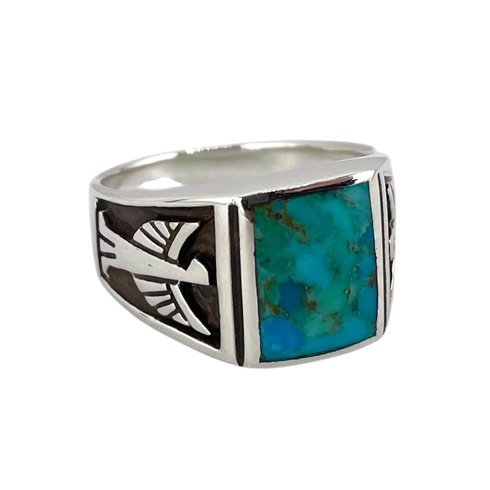 Turquoise Stone Square Thunderbird Mens Ring Sterling Silver