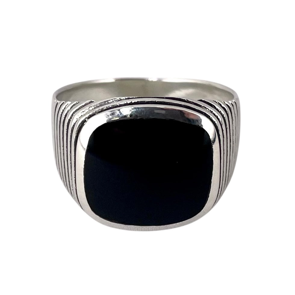 Black Onyx Stone Square Mens Ring Sterling Silver