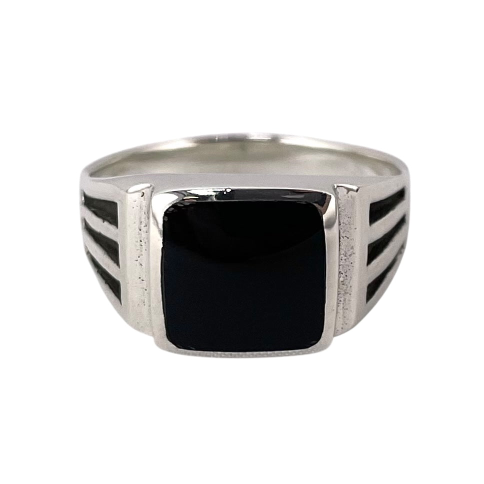 Black Onyx Stone Square Mens Ring Sterling Silver