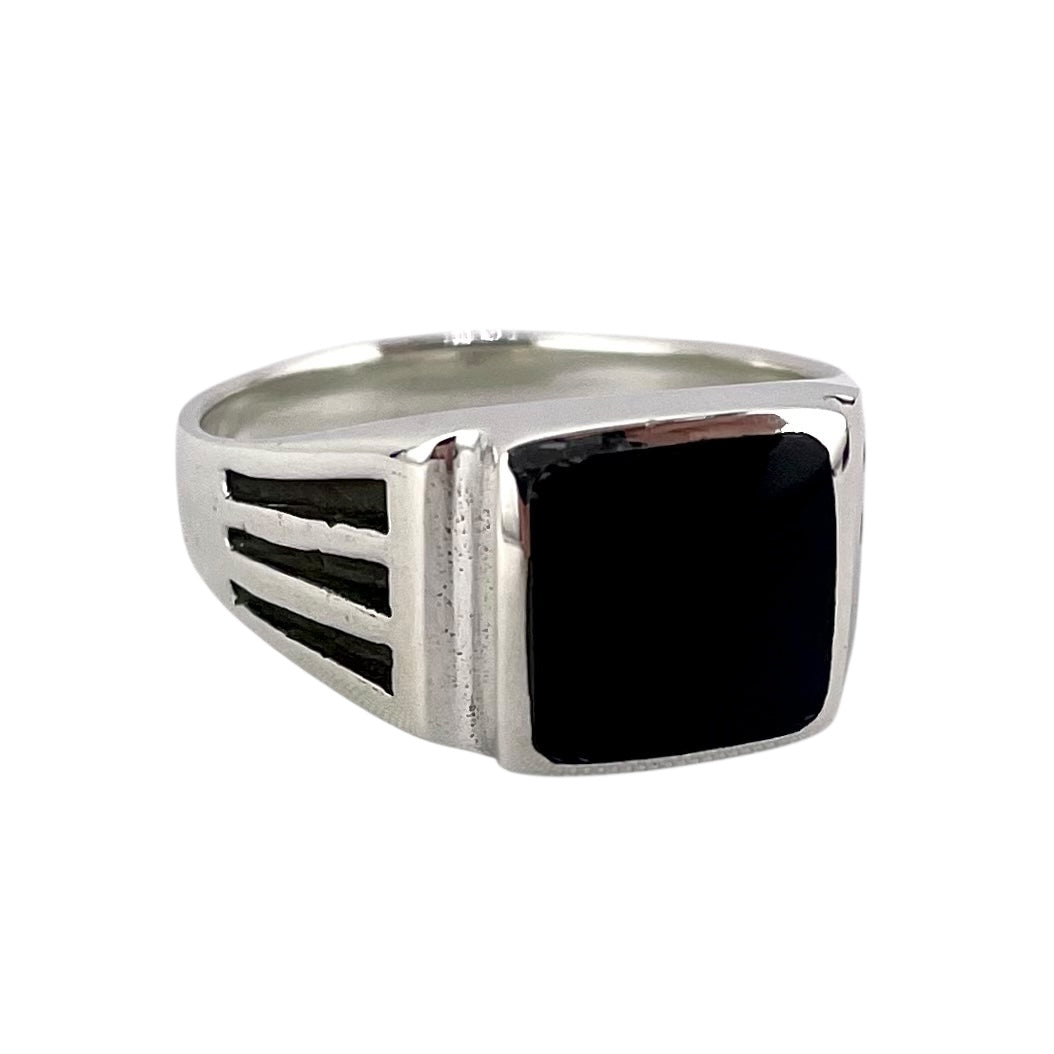 Black Onyx Stone Square Mens Ring Sterling Silver