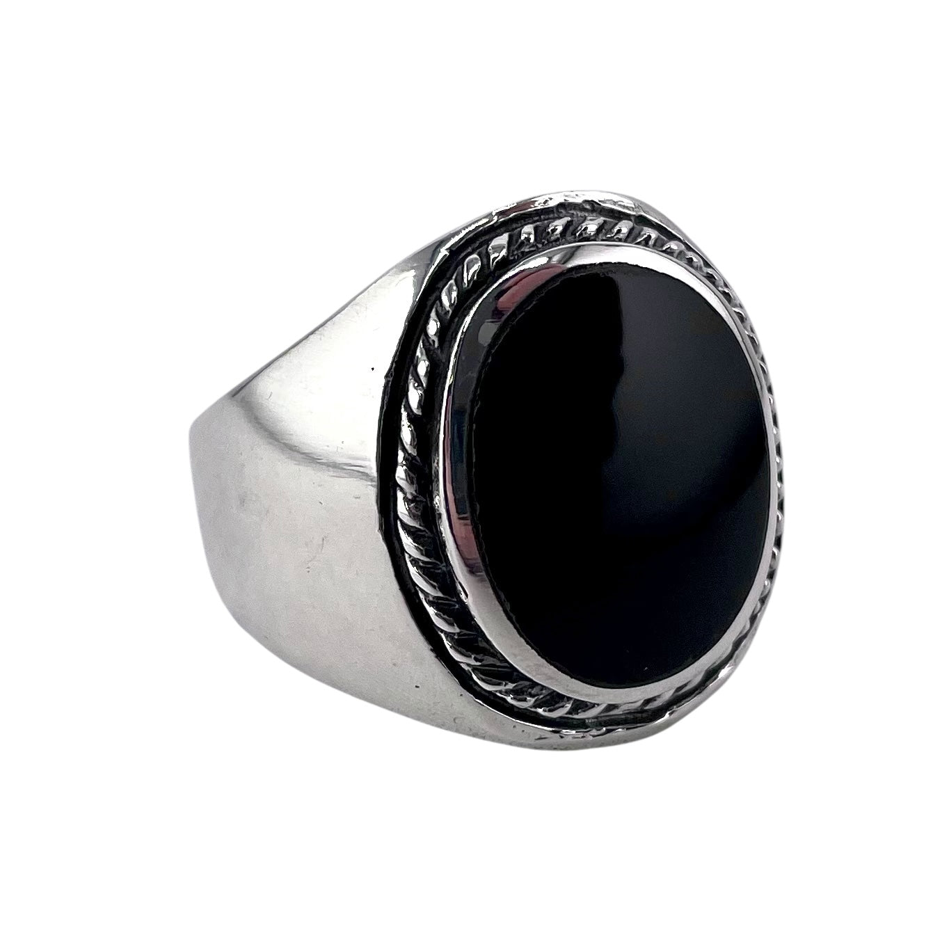 Black Onyx Stone Oval Rope Mens Ring Sterling Silver