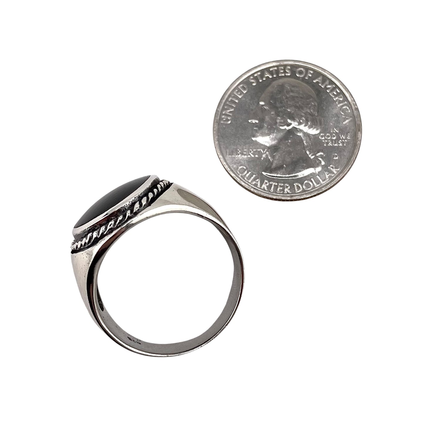 Black Onyx Stone Oval Rope Mens Ring Sterling Silver