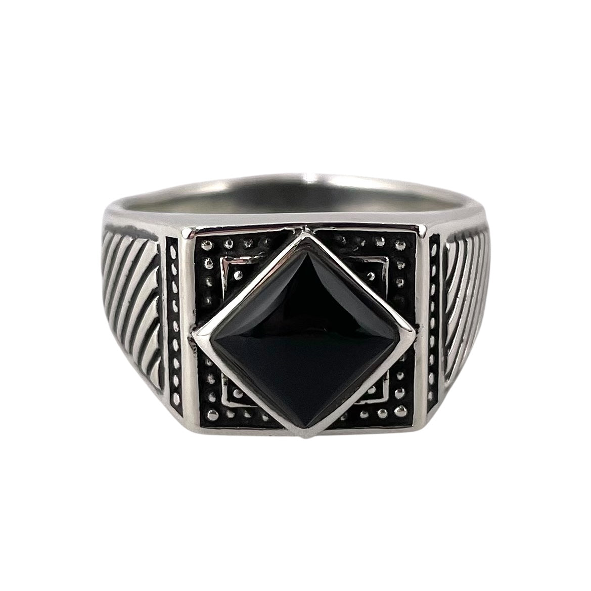Black Onyx Stone Diamond Shape Mens Ring Sterling Silver