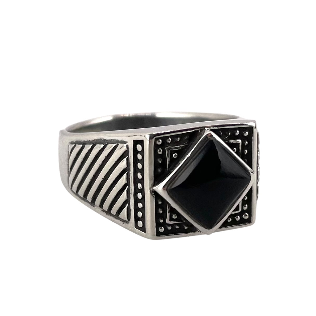 Black Onyx Stone Diamond Shape Mens Ring Sterling Silver
