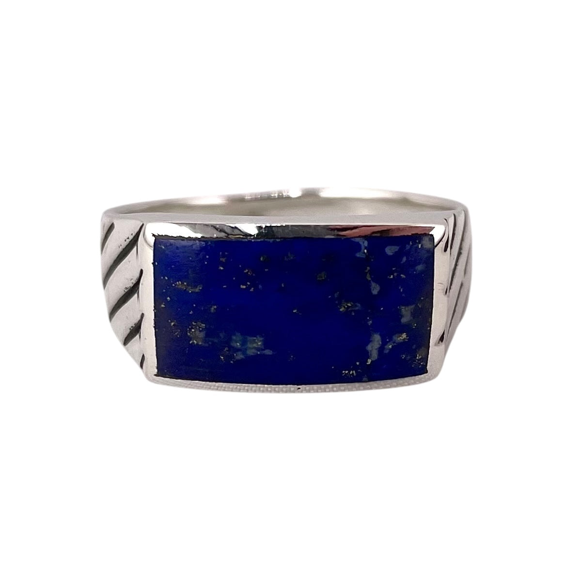 Lapis Stone Rectangle Mens Ring Sterling Silver
