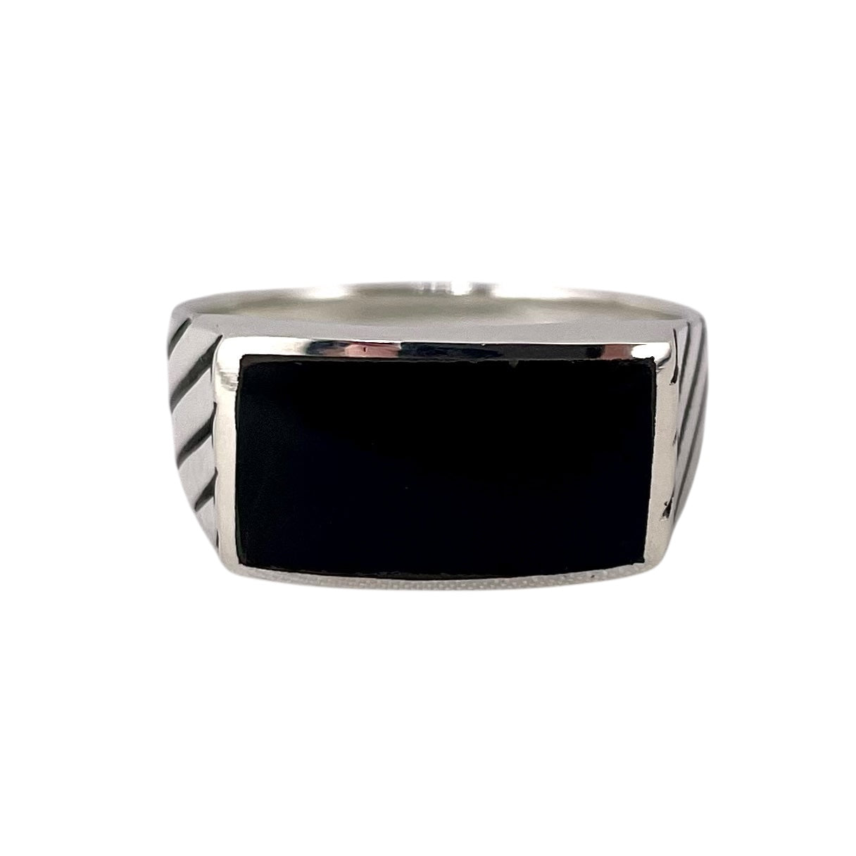 Black Onyx Stone Rectangle Mens Ring Sterling Silver