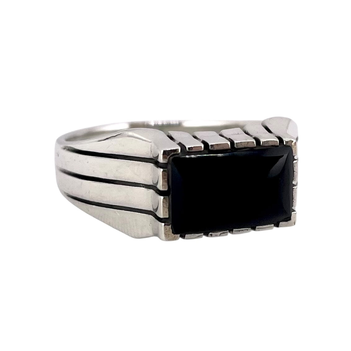 Black Onyx Stone Rectangle Mens Ring Sterling Silver