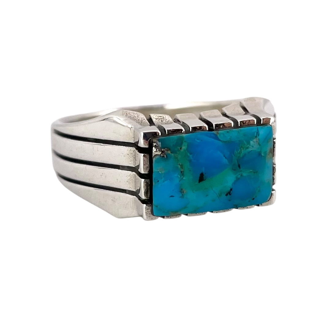 Turquoise Stone Rectangle Mens Ring Sterling Silver