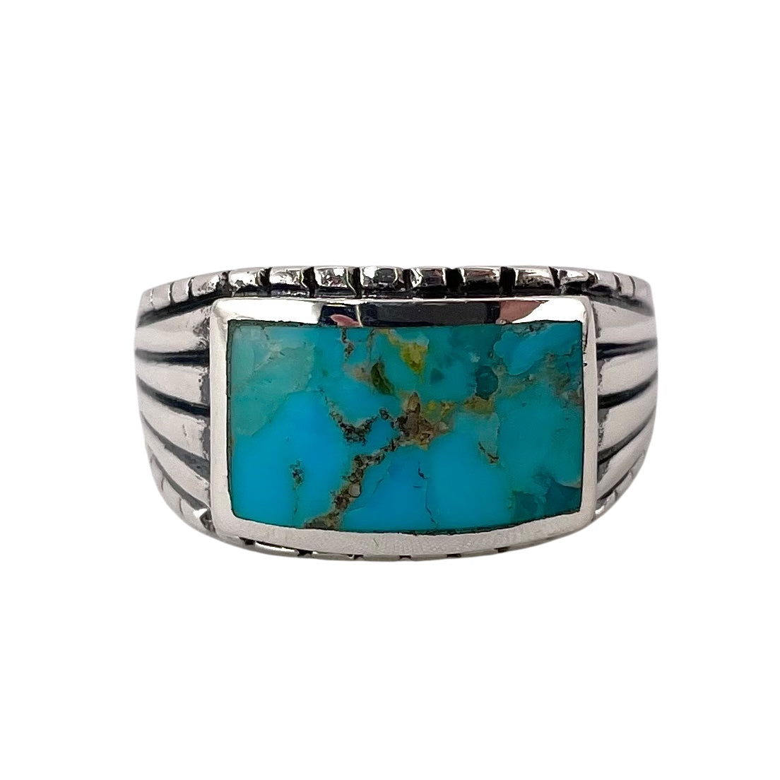 Turquoise Stone Rectangle Mens Ring Sterling Silver