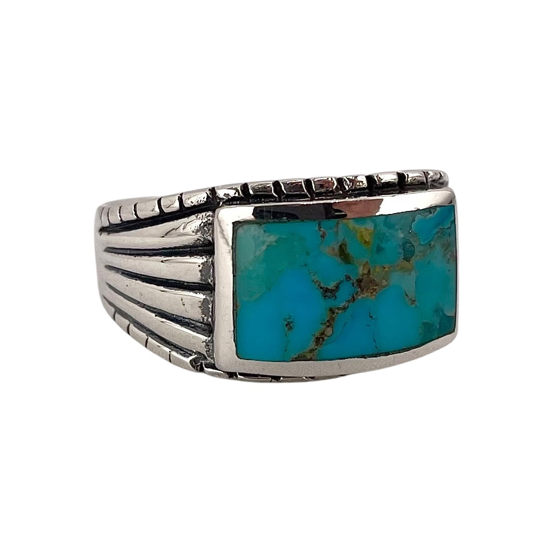 Turquoise Stone Rectangle Mens Ring Sterling Silver