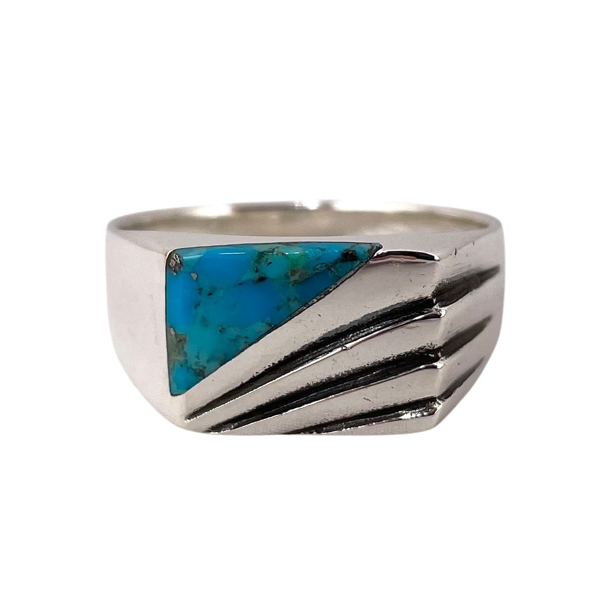 Turquoise Stone Corner Mens Ring Sterling Silver