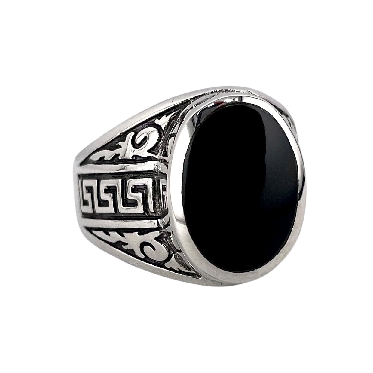 Black Onyx Oval Stone Greek Key Ring Sterling Silver