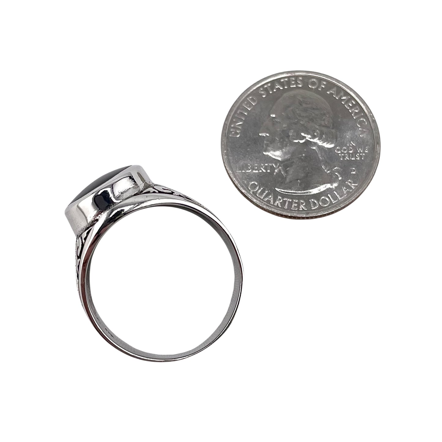 Black Onyx Oval Stone Greek Key Ring Sterling Silver