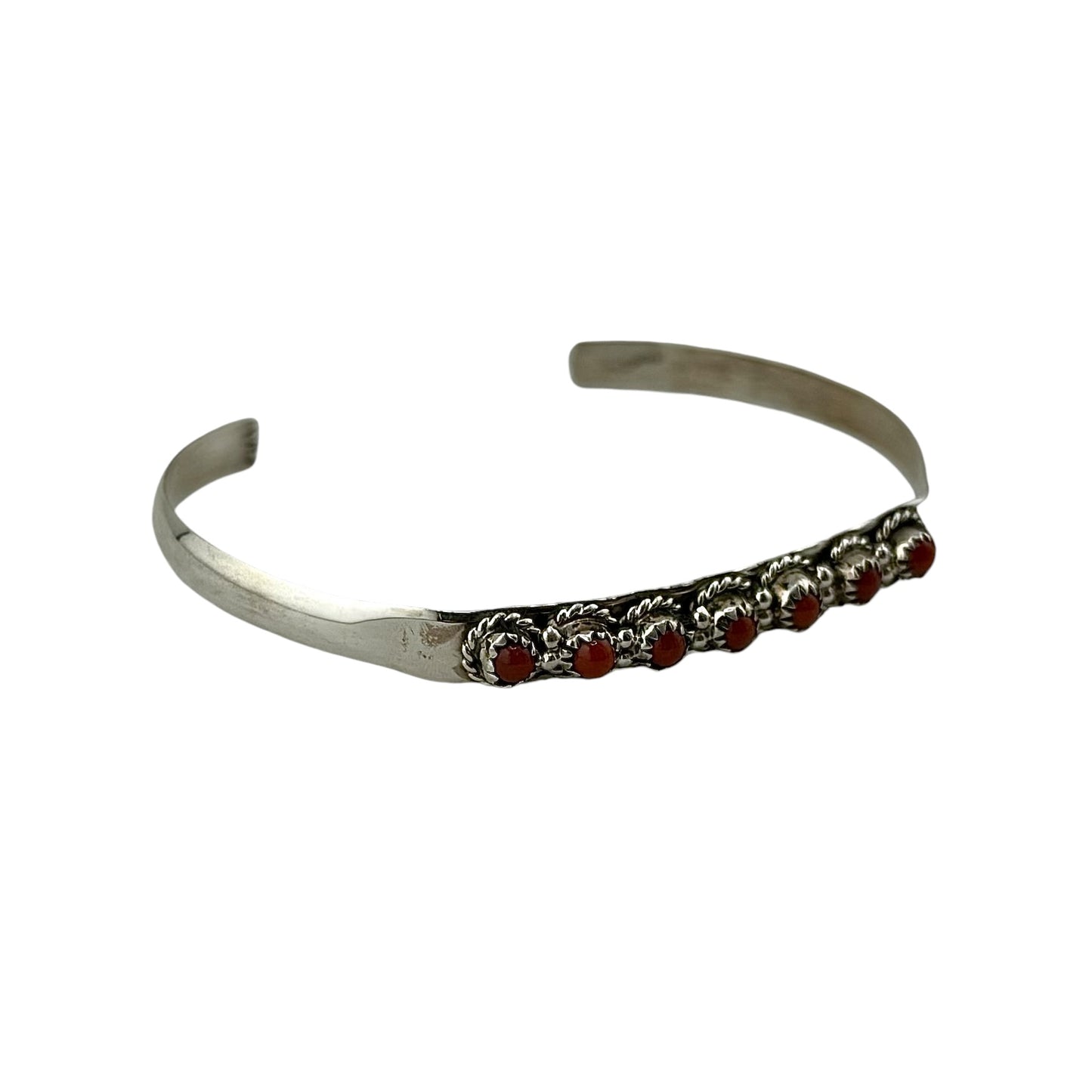 Coral 7-Stone Row Navajo Cuff Bracelet Sterling Silver