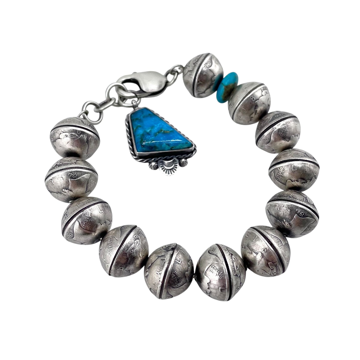 James McCabe Sterling Silver Turquoise & Mercury Dime Coin Bead Bracelet Navajo