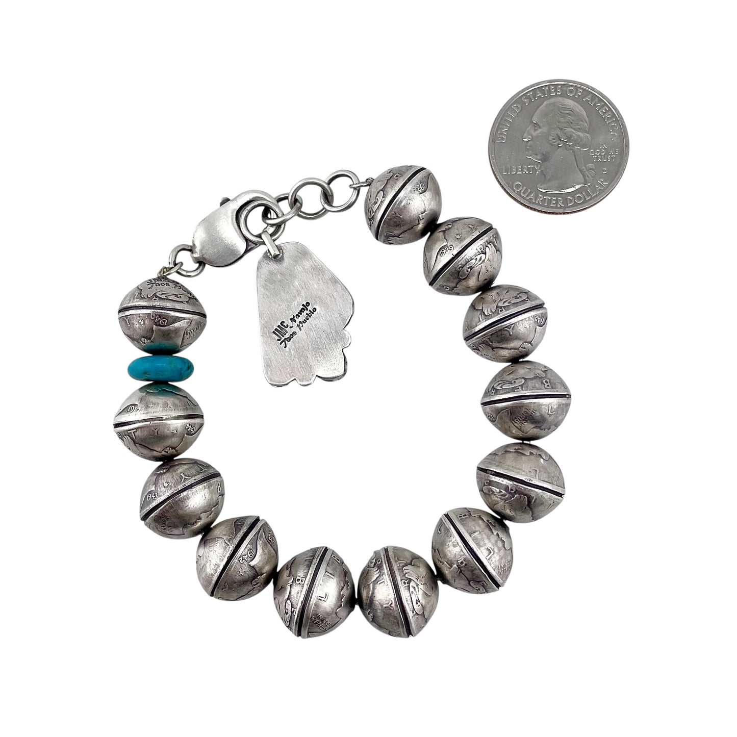 James McCabe Sterling Silver Turquoise & Mercury Dime Coin Bead Bracelet Navajo