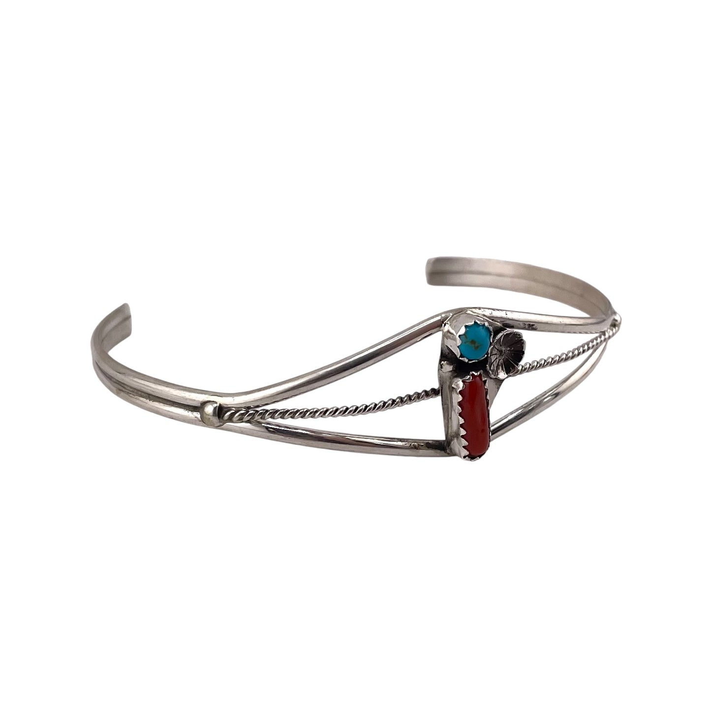 Turquoise & Coral Flower Navajo Cuff Bracelet Sterling Silver